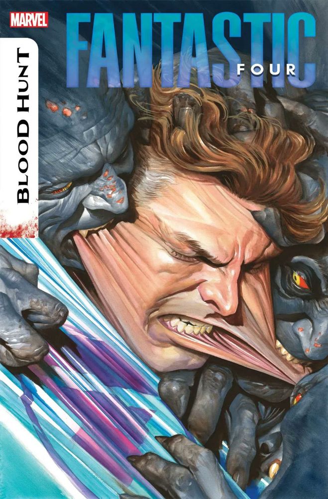 Portada de Fantastic Four (2022) #22. Obra de Alex Ross. Reed Richards masticado por vampiros.