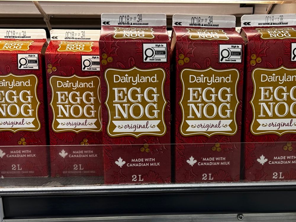 A Eggnog on the shelf of a supermarket. The date is October 7