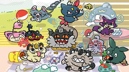 official pokemon art featuring sneasel, glameow, skitty, litten, the different forms of meowth, espurr, purrloin, whiscash (catfish) and of course trubbish