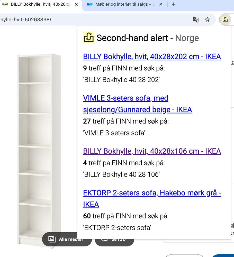 En nettleser-fane for en Billy bokhylle og en nettleser-utvidelse som ligger oppå siden. Der er det listet opp diverse linker til FINN-søk og hvor mange treff hvert søk får. Blant annet Billy bokhylle 40x28x202, som får 9 treff på FINN.