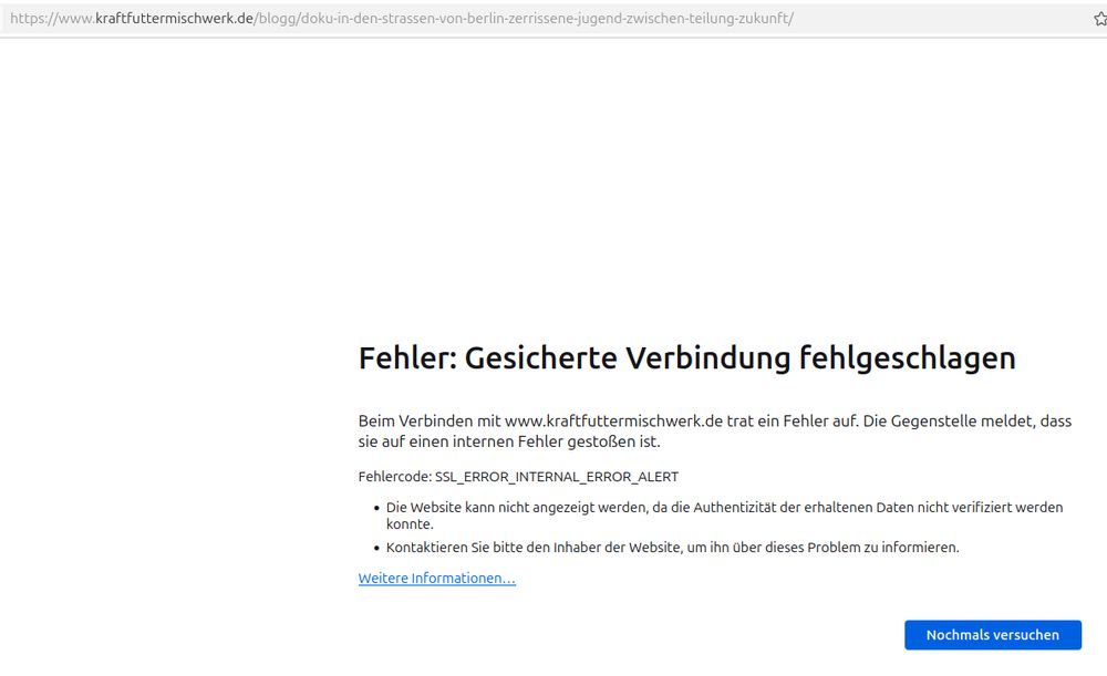 Screenshot einer Fehlermeldung im Browser: "Fehler: Gesicherte Verbindung fehlgeschlagen"