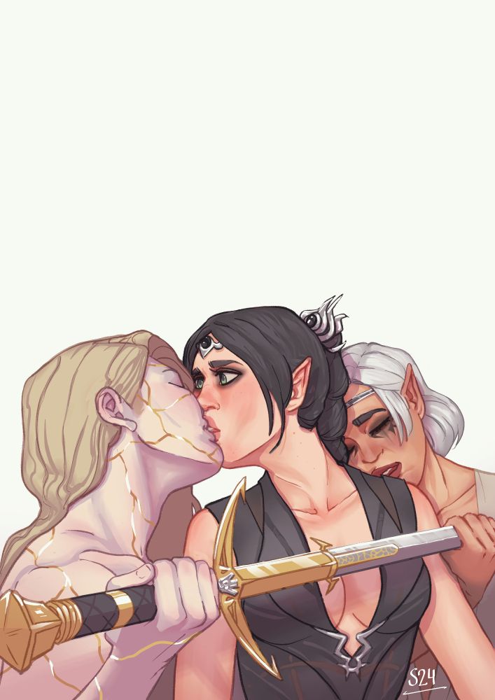 Aylin, Shadowheart and Isobel embracing and kissing eachother.