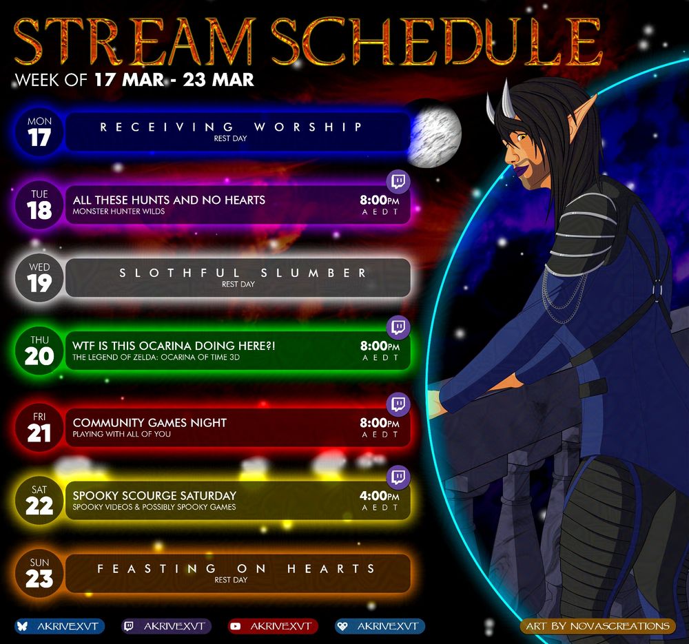 Image: A demon with black hair, orange eyes, silver horns wearing a blue suit looks to the camera from over their shoulder

Information:
Stream Schedule Week of 17 Feb - 23 Feb
Tue, 18 Mar 8:00 PM AEDT - Monster Hunter World (Twitch)
Thu, 20 Mar 8:00 PM AEDT - The Legend of Zelda: Ocarina of Time (Twitch)
Fri, 21 Mar 8:00 PM AEDT - Community Games Night (Twitch)
Sat, 22 Mar 22:00 PM - Spooky Scourge Saturday (Twitch)