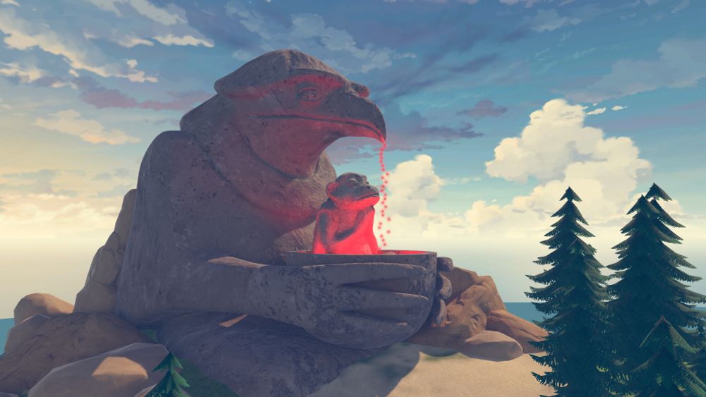 An eagle? holding a bowl with a monkey in it. What's this red liquid coming out the beak?