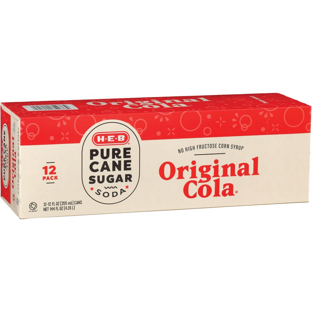 A 12-pack of generic/store brand pure cane sugar Cola by HEB stores