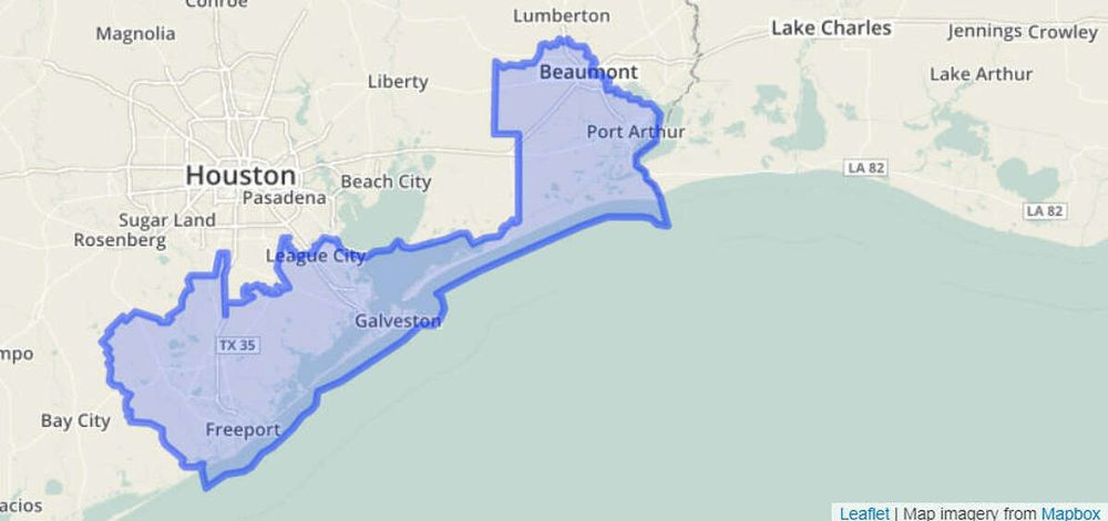 A picture of Texas’s 14th Congressional District, currently held by Randy Weber. It is shaped like a barbell and connects three unrelated communities to one another, diluting the votes of multiple populations. 