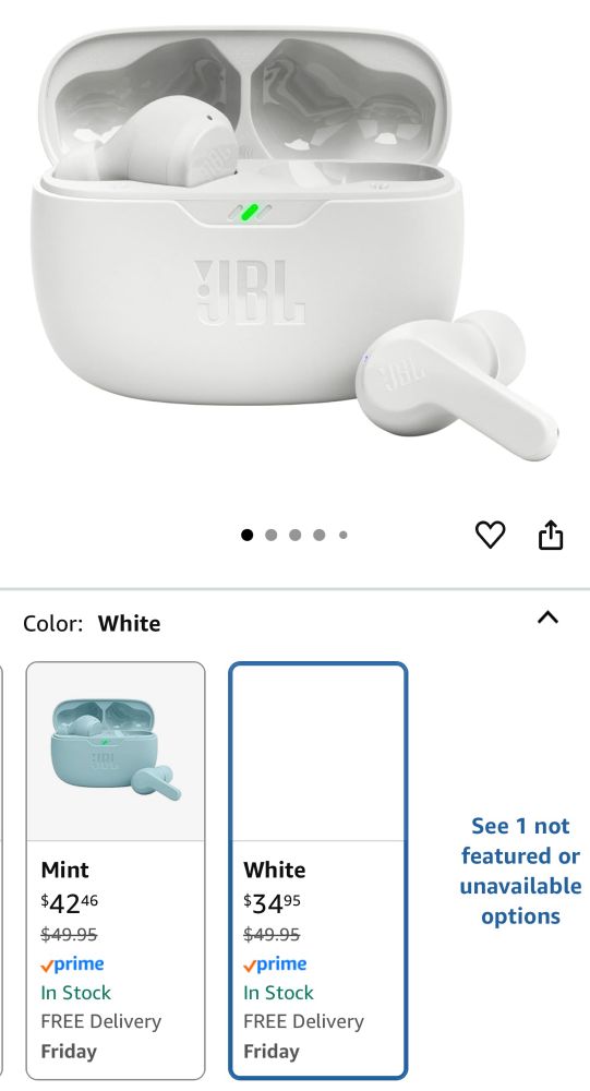 Pair of earbuds shown from Amazon’s website for $34.99