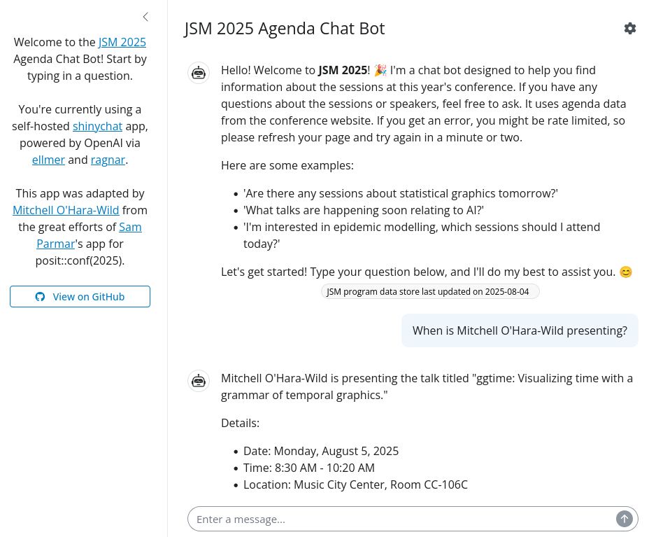 A screenshot of my JSM 2025 Agenda Chat bot, featuring the answer to "when is Mitchell O'Hara-Wild presenting".