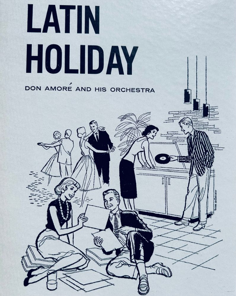 1957 black-and-white cartoon depicting record playing at a party