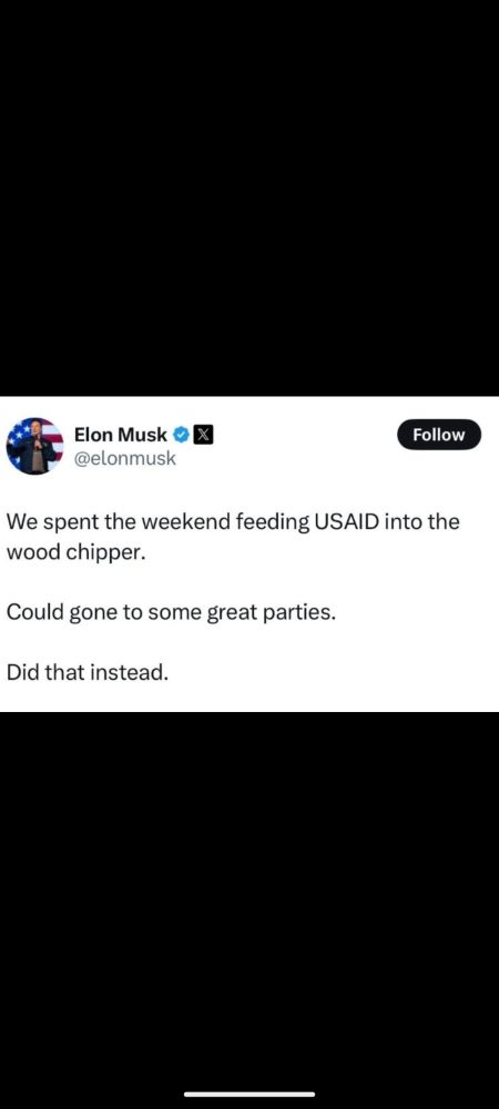 Tweet from Elon Musk "We spent the weekend feeding USAID into the wood chipper. Could gone to some great parties. Did that instead."