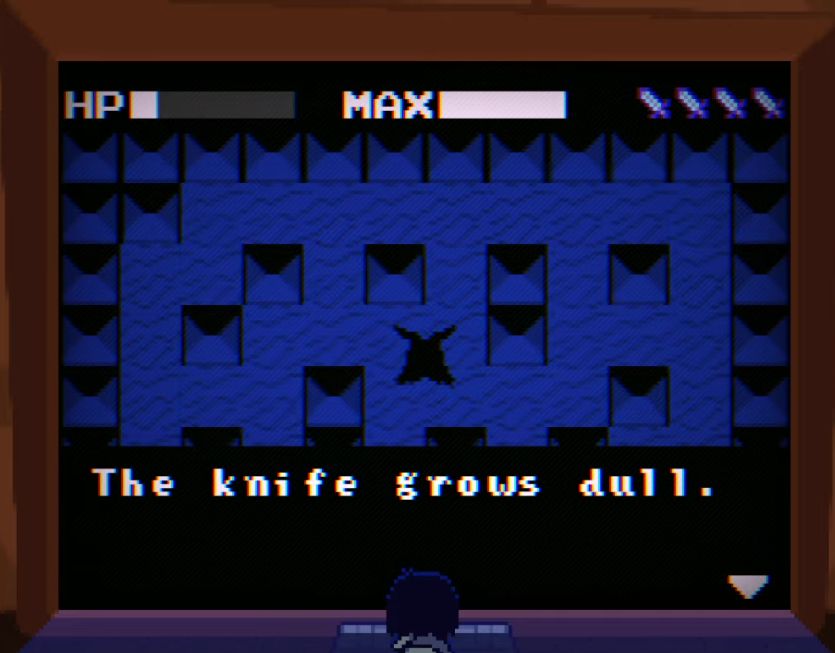 A screenshot of the Sword Route, with the dialogue: "The knife grows dull."