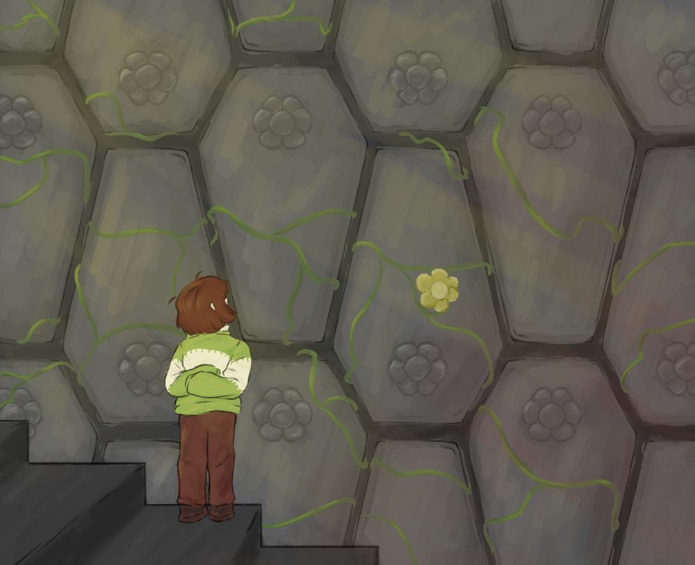 a drawing of chara dreemurr staring at a wall of stone coffins, each with a stone flower, vines grow over them all with a single yellow flower growing atop one near the middle