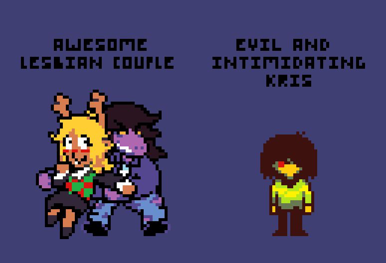on the left, susie pulling noelle into an embrace, with text above them saying "awesome lesbian couple". on the right, kris staring at the camera, with text above them saying "evil and intimidating kris".