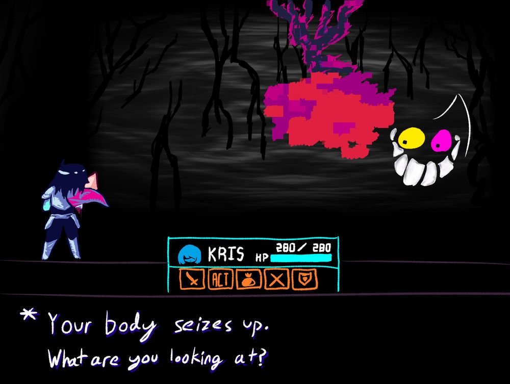 A drawing of a Deltarune battle. Kris stands on the left, one arm severed and bleeding, back turned to the camera and facing a spot to the right in the background, where a red tree grows from the unseen sky. A rendition of IMAGE_FRIEND peeks out from behind the tree. Black roots grow in the background against a blurred gray shape. The dialogue box in the battle UI says "Your body seizes up. What are you looking at?"