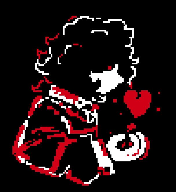 A 1-bit side drawing of Underfell Frisk, a shirt collar poking out from under their sweater and shirt cuffs poking out from their sleeves, white against a black background with bright red used as shading and highlights. They hold their soul in front of them, red sparks floating nearby.