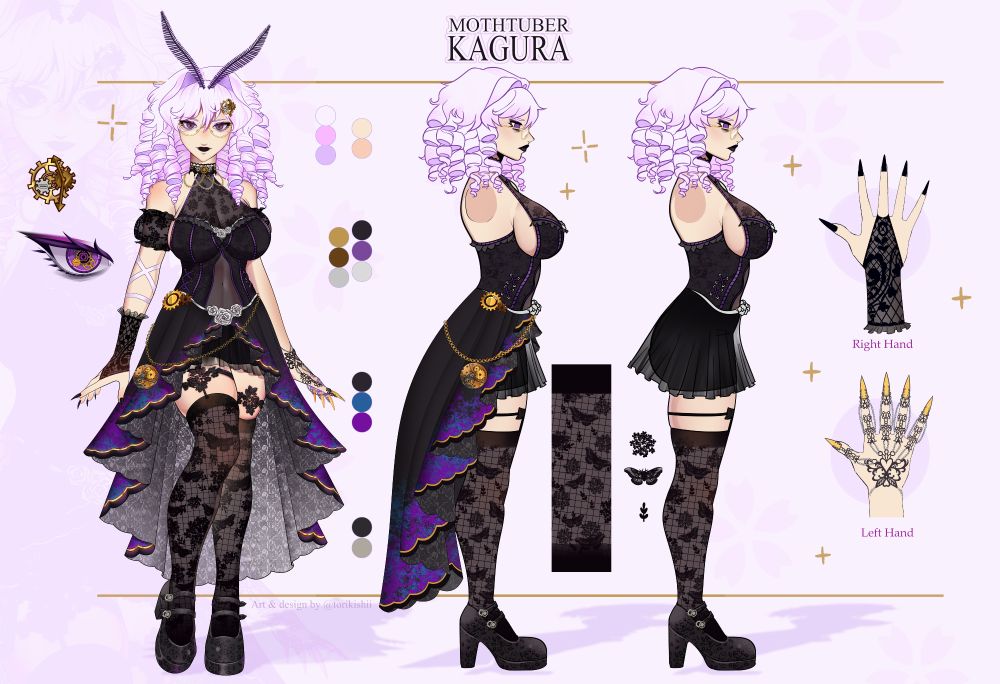 Reference sheet for Kagura. She is a Goth Moth humanoid. Her eyes are mostly clockwork pieces, as is an instrument at her hip. Her hair is very light purple, and she wears black lipstick. She wears a black dress that has a gradient to purple and blue splotches. She wears thigh-highs with black patterns of moths and flowers.