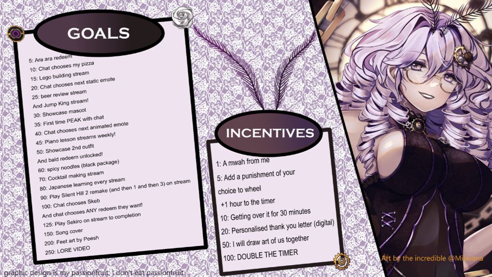 A list of Goals and Incentives for the subathon, along with art of my vtuber my Milavana.