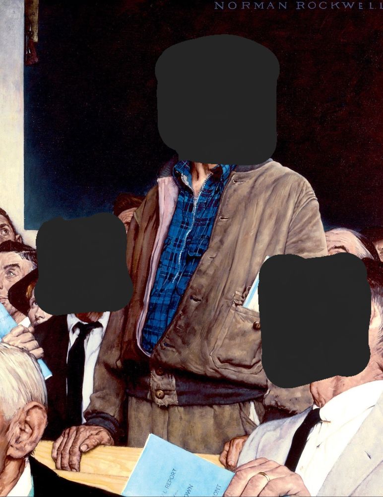 Norman Rockwell's painting 'Freedom of Speech' with the faces blanked out. 