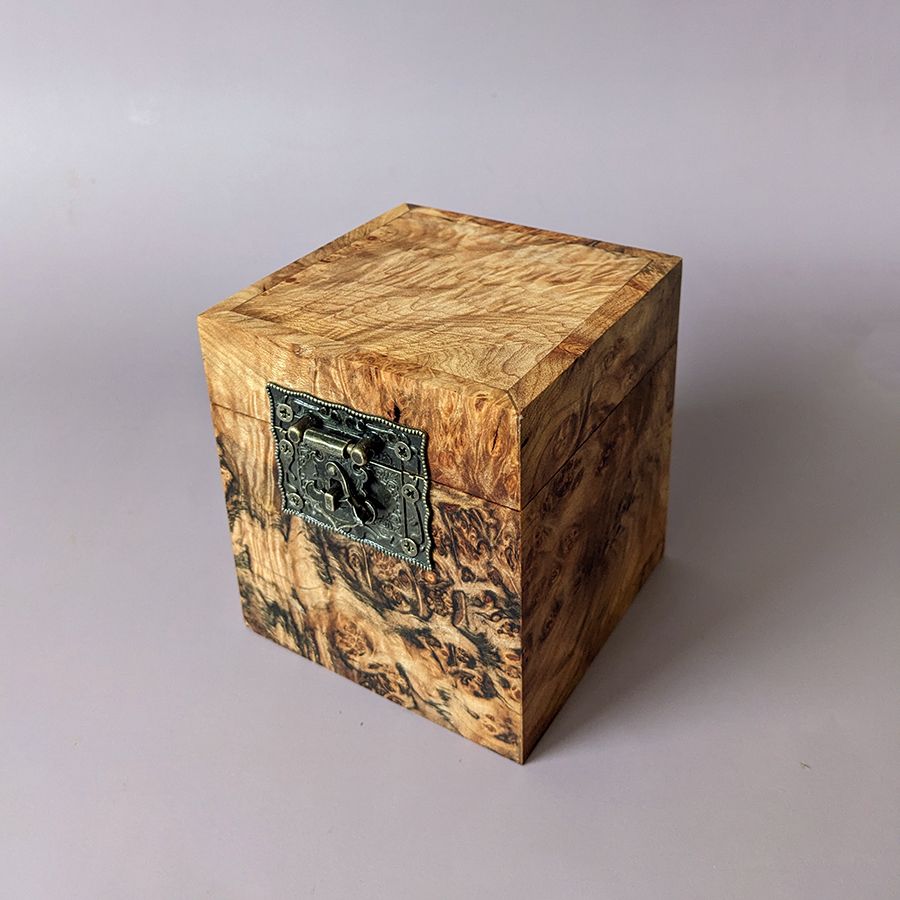 Spalted Maple Burl Treasure Box with Ornate Latch and hinged lid. Perfect for keeping a sapphire that contains a defeated sorcerers soul.