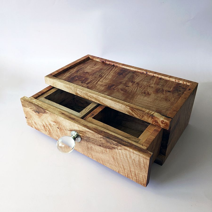 Desktop/Nightstand Organizer with Single Drawer and internal removable trays
Exterior Dimensions: 11" x 5.5" x 4"
Top built in tray-internal: 10.75" x 4.75" x 0.25"
Drawer-Internal: 9.5" x 4.5" x 2.5"
Small Drawer Trays: 3.375" x 3.675"

An organizer for your desktop or nightstand and designed with those needs in mind. Built to accommodate watches, fountain pens, pill organizers, combs, within while providing a stable surface up top for phone chargers, glasses, jewelry etc. Top lip prevents small items from falling onto the floor. Internal trays can be removed entirely if you desire the full drawer space. The trays can also sit on the top of the organizer and act as catch alls.