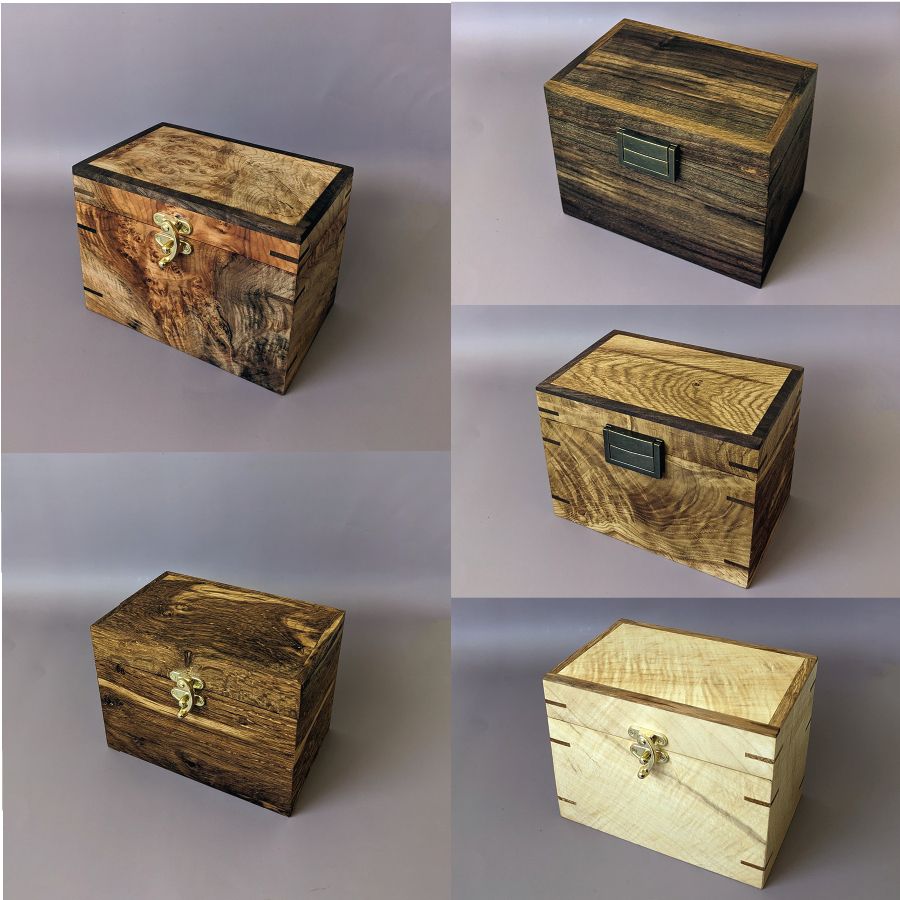 Preview image collage of 5 boxes with brass hardware. Counter Clockwise from top left. Maple Burl, Oregon White Oak, Quilted Maple, Oregon White Oak, Walnut. 