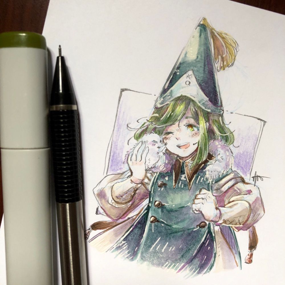 A sketch from 2019 of Coco from Witch Hat Atelier getting neck cuddles from  Brushbuddy