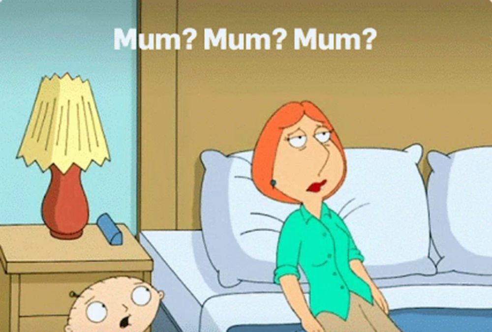 a cartoon of a woman sitting on a bed with the words mum mum mum below her