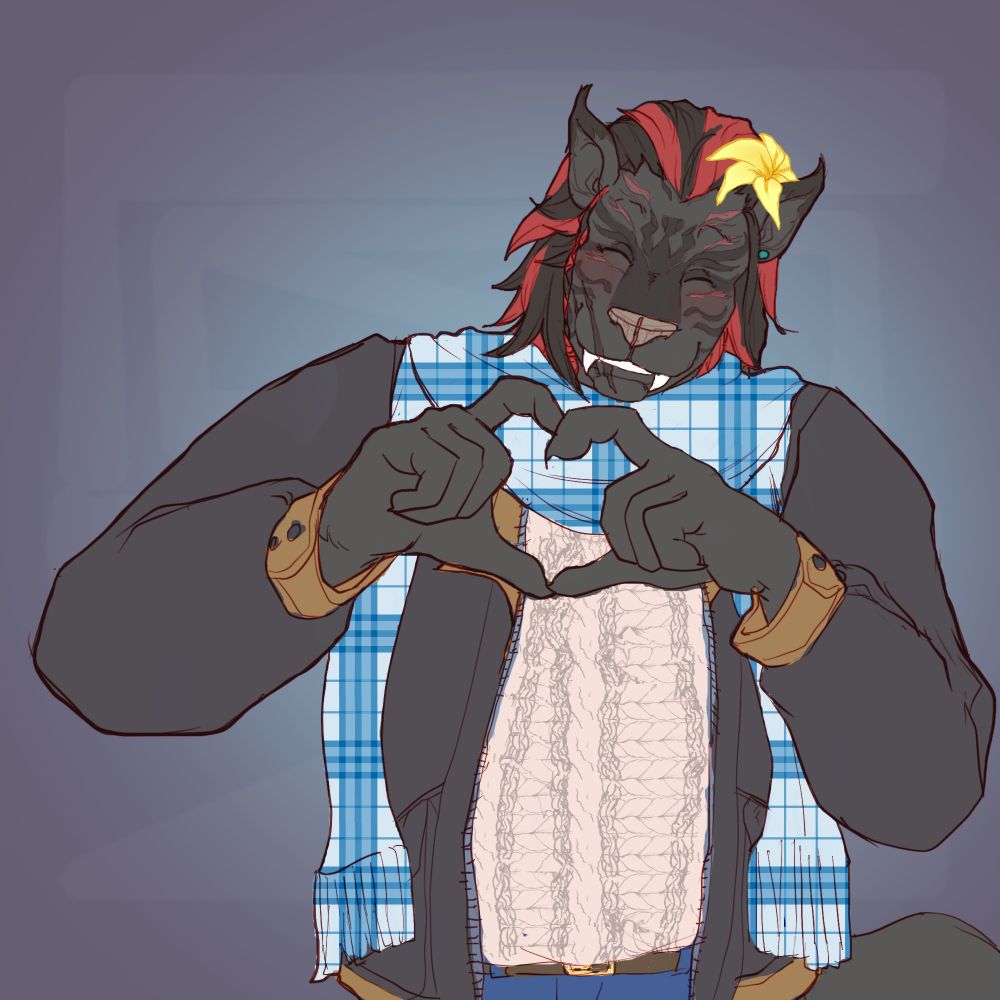 A tall dark sabre toofed cat with red and black hair! using theyre paws to form a heart!