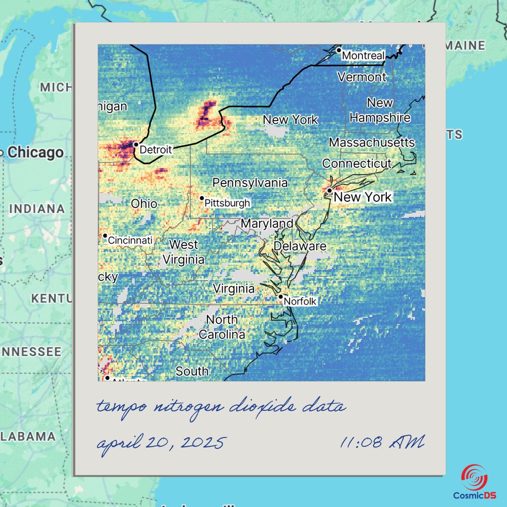 Polaroid-style image overlaying a map showing the nitrogen dioxide levels in the eastern seaboard of the US on Sunday, April 20, 2025 from the Cosmic Data Stories website.
