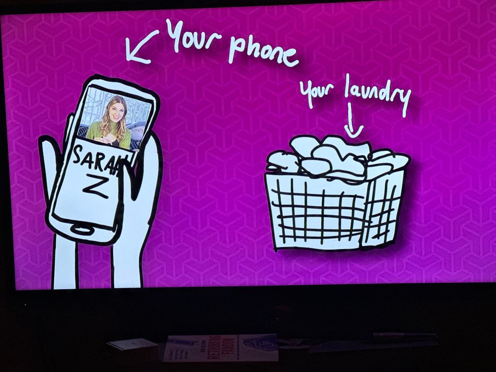 A hand drawn image of SarahZ on a telephone and a hand drawn image of some laundry.