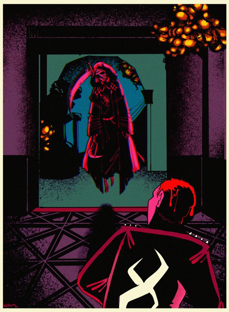 Colorful drawing of Taurie Cain looking into a hallway and seeing a Nurse with the Castlevania grim reaper cosmetic from Dead by daylight