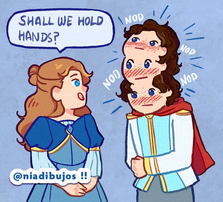 Recreation of a comic panel by @hellophia, it became a sort of meme to redraw your characters in this situation. There are two characters in the picture, first one of them is Eira (a white woman, light brown and wavy hair, blue eyes). She's smiling, and over her head there is a text bubble that reads "shall we hold hands?". The other character, her husband Stephen (white man, dark wavy hair and deep blue eyes) is nodding very enthusiastically