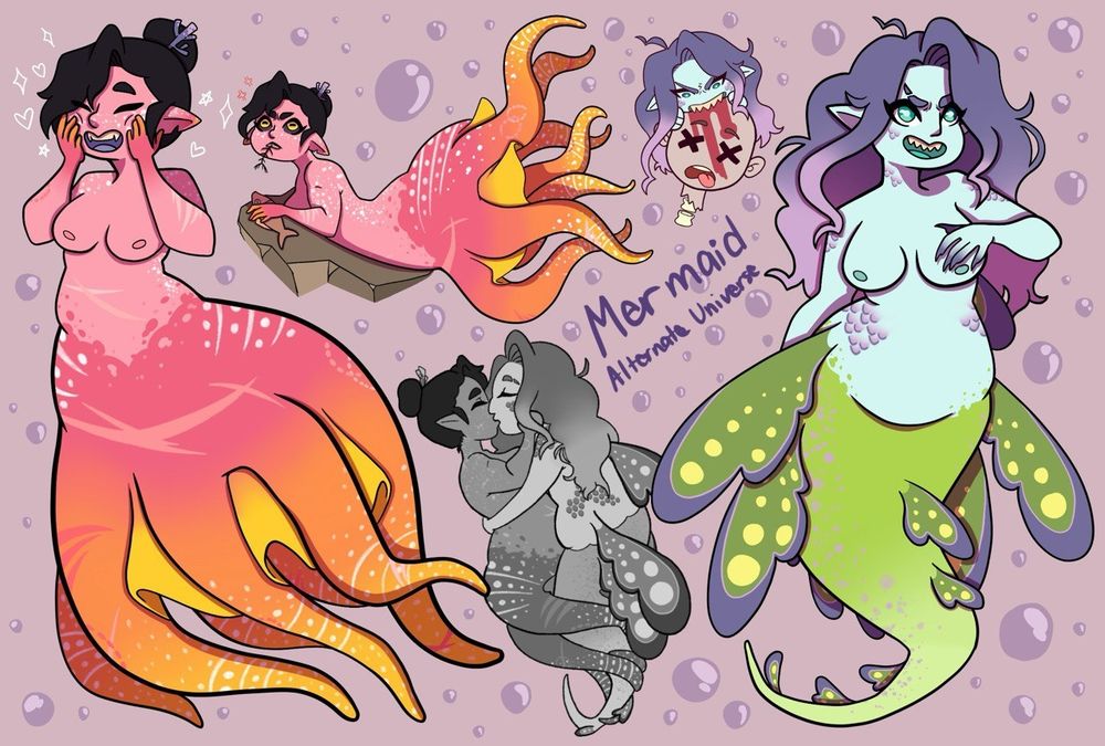 Mermaids! One is a pink octopus mermaid with dark hair pulled up into a bun with a purple piece of reef. Her tentacles transition from a darker pink to orange and end at yellow with white markings on her tentacles and lower body. There are white freckles on her face, shoulders and back and scars along her body. She is making cute happy face, showing her fangs and squishing her cheeks with her hands.

On the other side of the image is a curvy-er leafy seadragon mermaid with long purple hair that fades to a lighter purple. Her skin is a pale teal/blue with purple scales. Her tail in a vibrant yellow green that fades to a lighter yellow green with purple dots all along the side. The leafy parts are a olive green with the same purple as her hair marked along it and large yellow dot details. Her eyes are teal and her teeth are serrated looking.

In the middle of the page at the top, the octopus mermaid is laying on her belly eating fish, looking up at an unknown being with an annoyed/angry expression. 

Next to that is a cute chibi like doodle of the leafy seadragon mermaid chomping in a dead person's head. 

Last part of the image at the bottom is a gray scale image of both mermaids kissing, the octopus has her tentacles wrapped tightly around the leafy seadragon and the leafy seadragon is holding the octopus mermaid close to her.