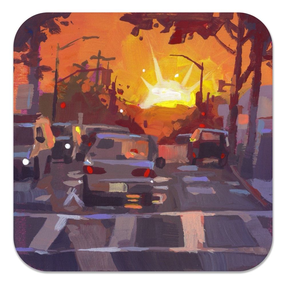 A colorful square painting of a warm sunset from a driver’s perspective on an urban street
