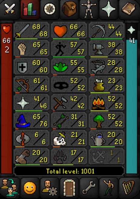 A screenshot of a user's skills in old school runescape. They had just hit a total combined level of 1001.