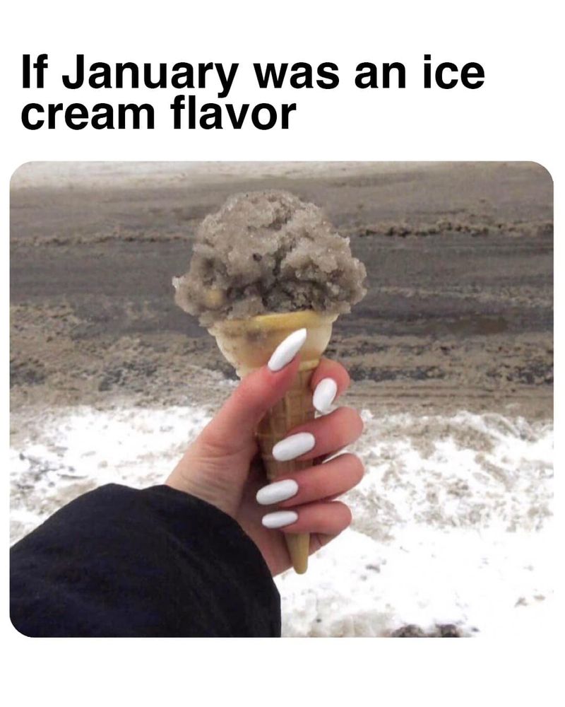 meme: if january was an ice cream flavor. image showing a girls hand holding a cone full of slush 