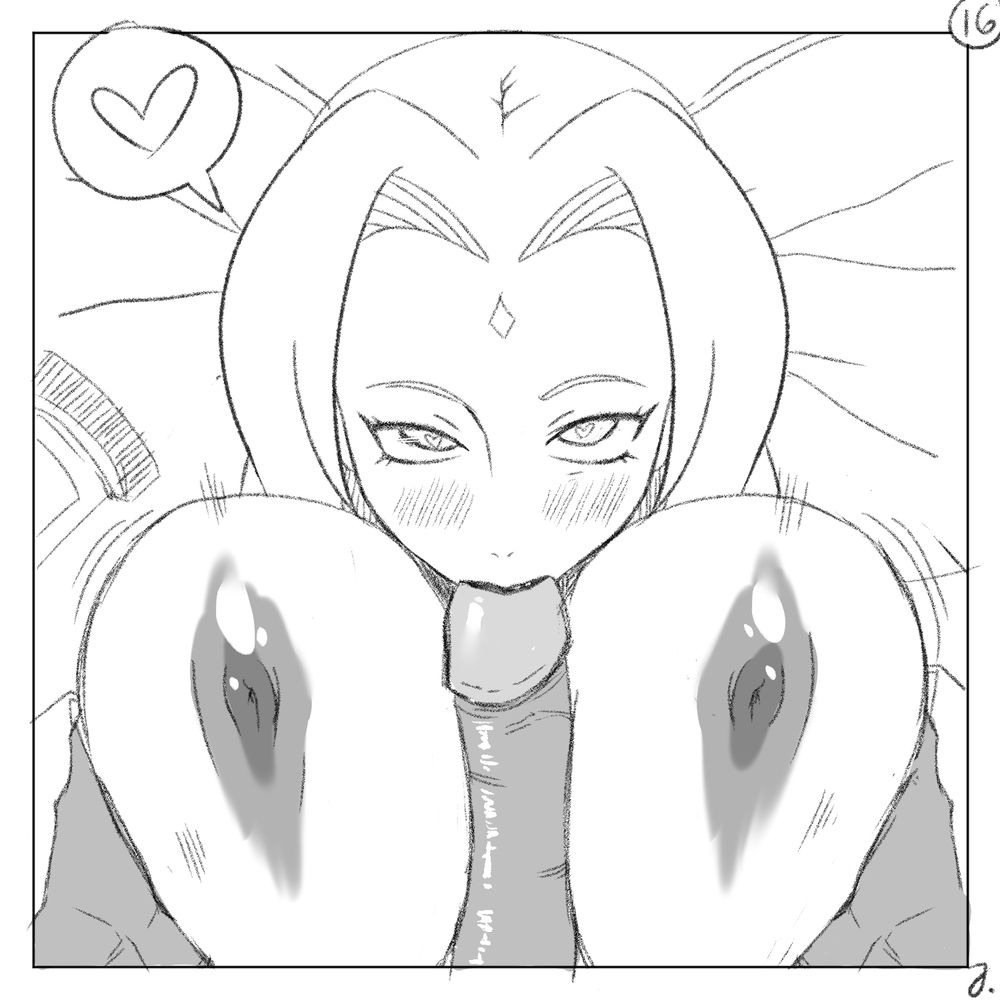 nsfw illustration of Tsunade, from Naruto, giving head to a man in a hospital's bed. She has a cup for semen analisis.