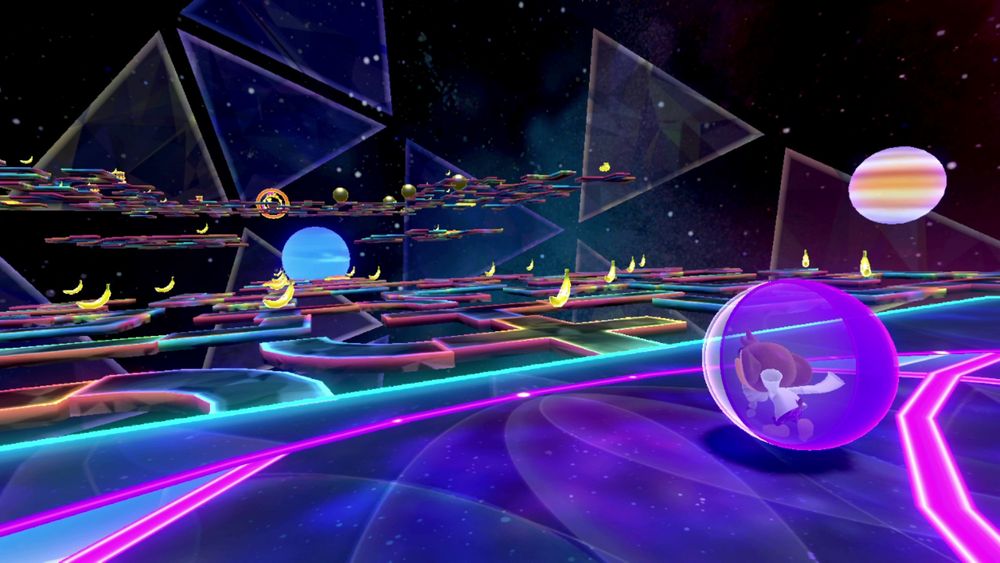 A cinematic screenshot featuring the monkey Doctor in a purple ball on the right side of the screen, looking ahead at a more difficult version of level 10-1.
