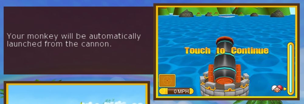 A screenshot from Super Monkey Ball 2: Sakura Edition, cropped to show text saying "Your monkey will be automatically launched from the cannon." To the right of the text is a screenshot showing the cannon ready to fire.
