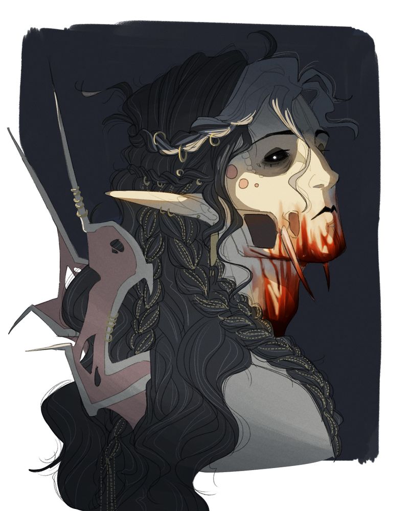 Bust of a vampire with black eyes and long curly hair looking over his shoulder, his mouth and neck are covered in blood.