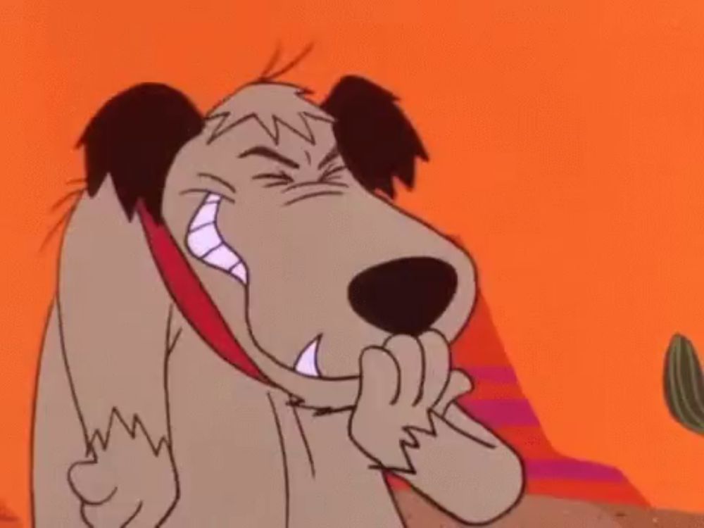 a cartoon dog is covering his mouth with his hand while smiling .