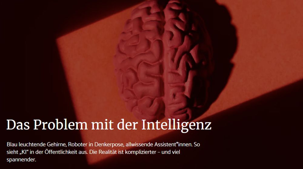 Headerbild mit Titel und Teaser: Es ist eine Gehirnskulptur zu sehen, die rot angeleuchtet wird. Titel: Das Problem mit der Intelligenz. Teaser: "Blau leuchtende Gehirne, Roboter in Denkerpose, allwissende Assistent*innen. So sieht „KI“ in der Öffentlichkeit aus. Die Realität ist komplizierter – und viel spannender."