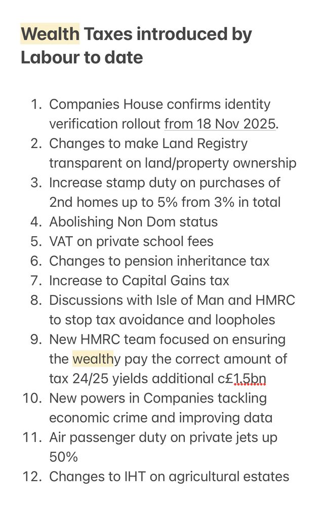 ealth Taxes introduced by Labour to date

1. Companies House confirms identity verification rollout from 18 Nov 2025. 
2. Changes to make Land Registry transparent on land/property ownership
3. Increase stamp duty on purchases of 2nd homes up to 5% from 3% in total
4. Abolishing Non Dom status
5. VAT on private school fees
6. Changes to pension inheritance tax
7. Increase to Capital Gains tax
8. Discussions with Isle of Man and HMRC to stop tax avoidance and loopholes
9. New HMRC team focused on ensuring the wealthy pay the correct amount of tax 24/25 yields additional c£1.5bn
10. New powers in Companies tackling economic crime and improving data
11. Air passenger duty on private jets up 50%
12. Changes to IHT on agricultural estates
