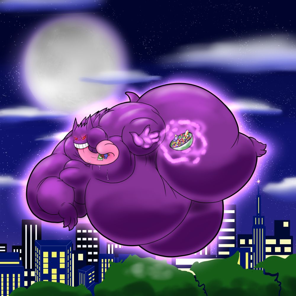 The Gengar now floats above a city skyline, his tongue cradling a few pieces of candy as he levitates a bowl of more candy in the air before him.