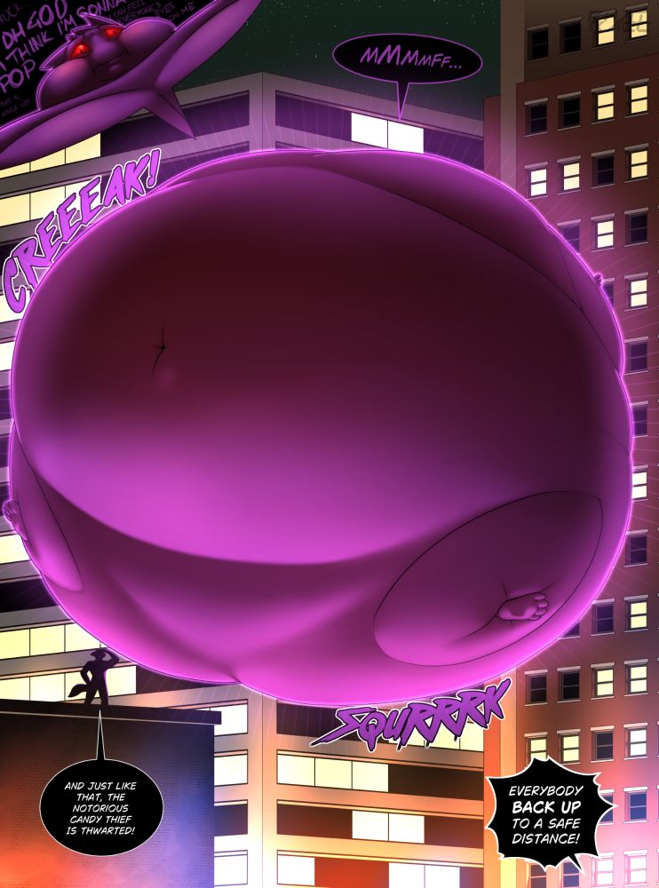 A digital art piece of Kovaz, an anthropomorphic Gengar, inflated into an almost perfectly spherical shape. He floats high up into the night sky in the middle of a city as a silhouette of a superhero watches him rise into the air, proudly proclaiming, "And just like that, the notorious candy thief is thwarted!" Below, an offscreen voice shouts, "Everybody back up to a safe distance!" Kovaz's body lets out ominous creaks and groans. A close-up on his puffy-cheeked face reveals his thoughts. "Oh, God, I think I'm gonna POP. I can feel everyone's eyes on me... this is kinda hot..."