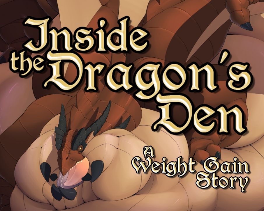 A thumbnail for a story (created by Draconder) depicting a dragon getting incredibly obese, with the text written in golden lettering. It reads, "Inside the Dragon's Den, A Weight Gain Story".