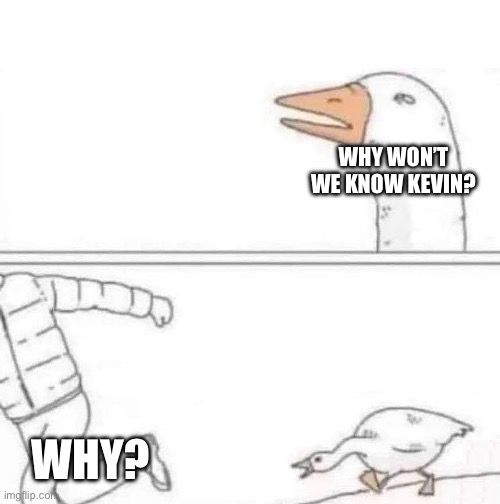 Angry goose meme with text that says “why won’t we know, Kevin?….. why?”