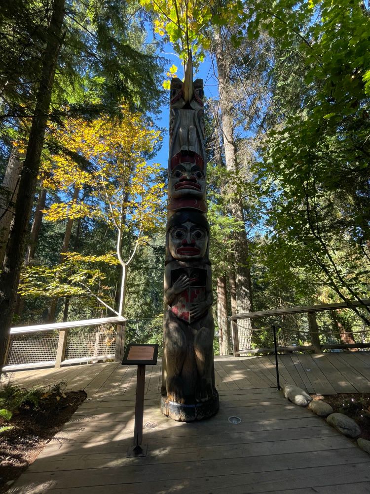 A totem pole, roughly 25’ tall, it tells the story of a raven who gave us the stars and the moon