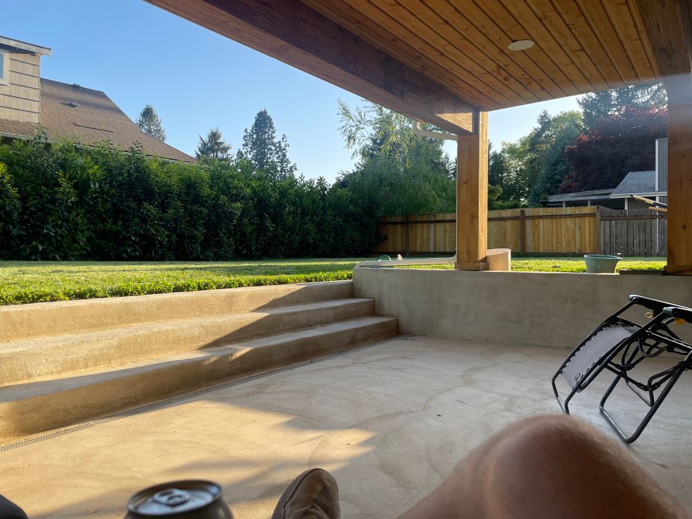 My point of view, looking at my lawn in the golden sunlight from my patio