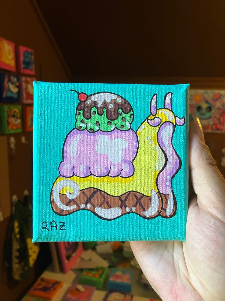 painting of a yellow and pink stylized snail with 2 scoops of ice cream on its back. the bottom of the snail is colored like an ice cream cone. on a light blue background